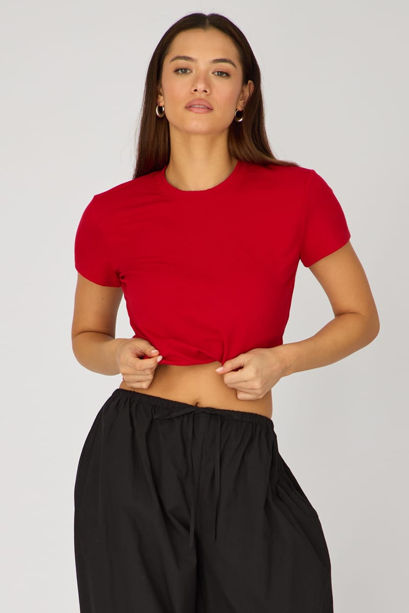 Red Cotton T-shirt Short Sleeve Round Neck for Ally Fashion