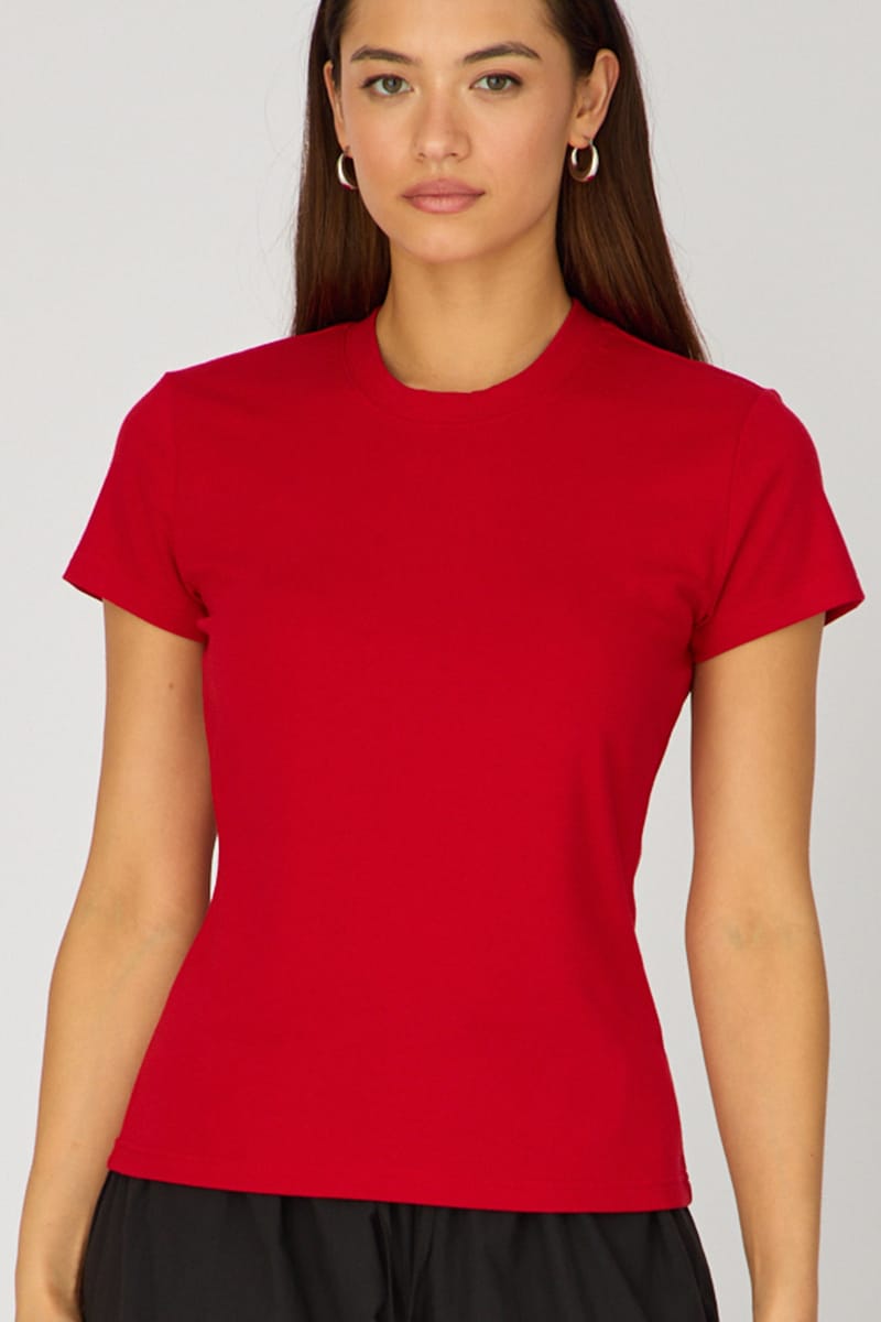 Red Cotton T-shirt Short Sleeve Round Neck for Ally Fashion