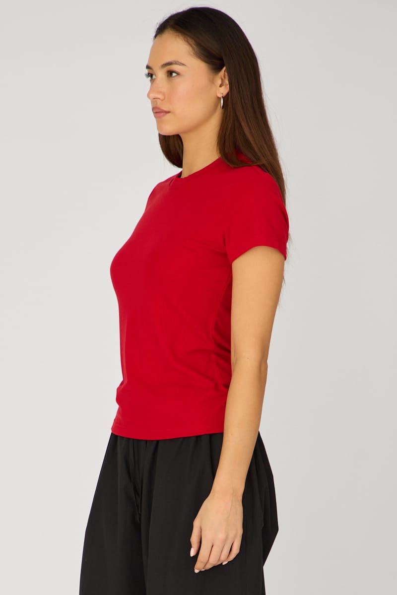 Red Cotton T-shirt Short Sleeve Round Neck for Ally Fashion