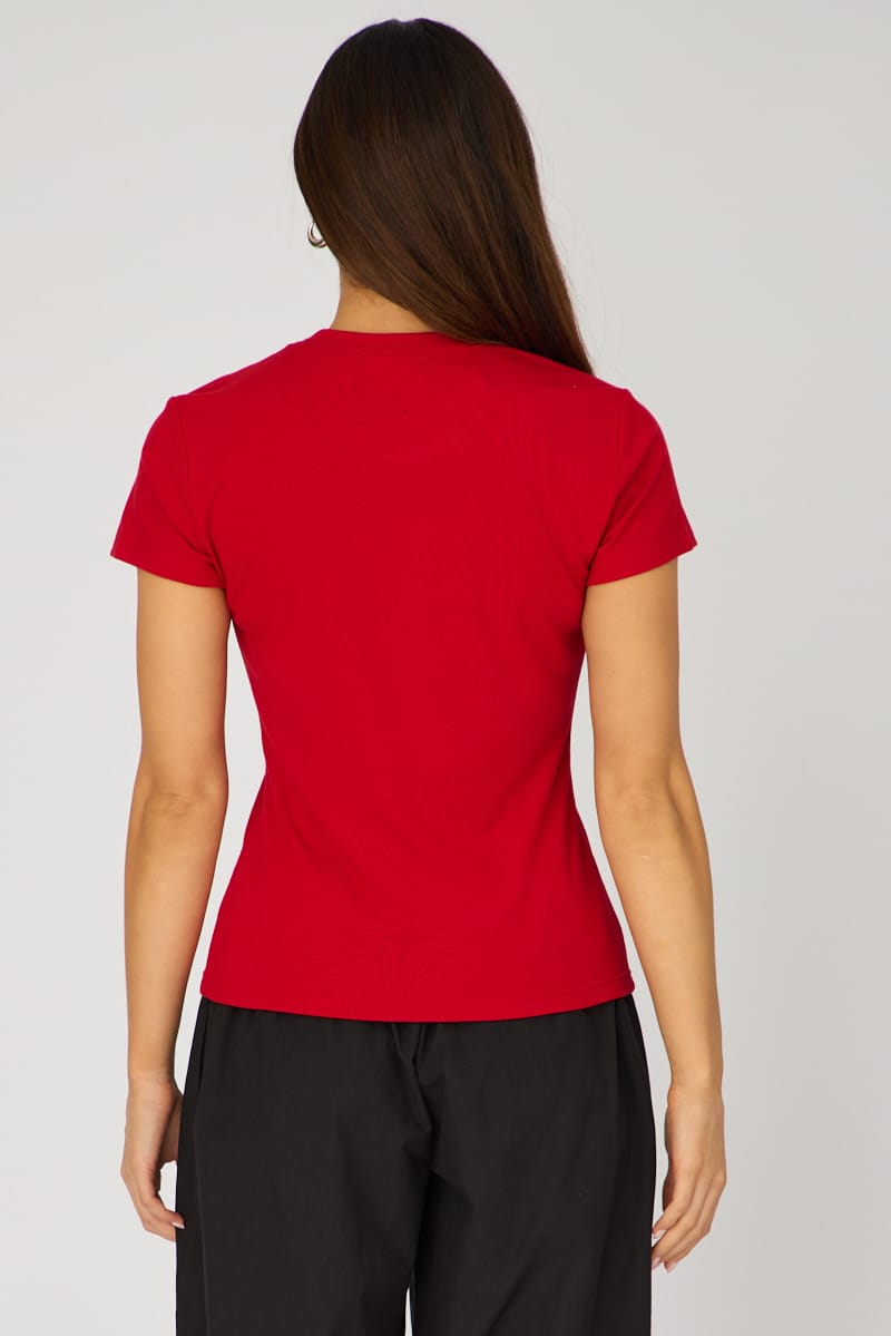 Red Cotton T-shirt Short Sleeve Round Neck for Ally Fashion