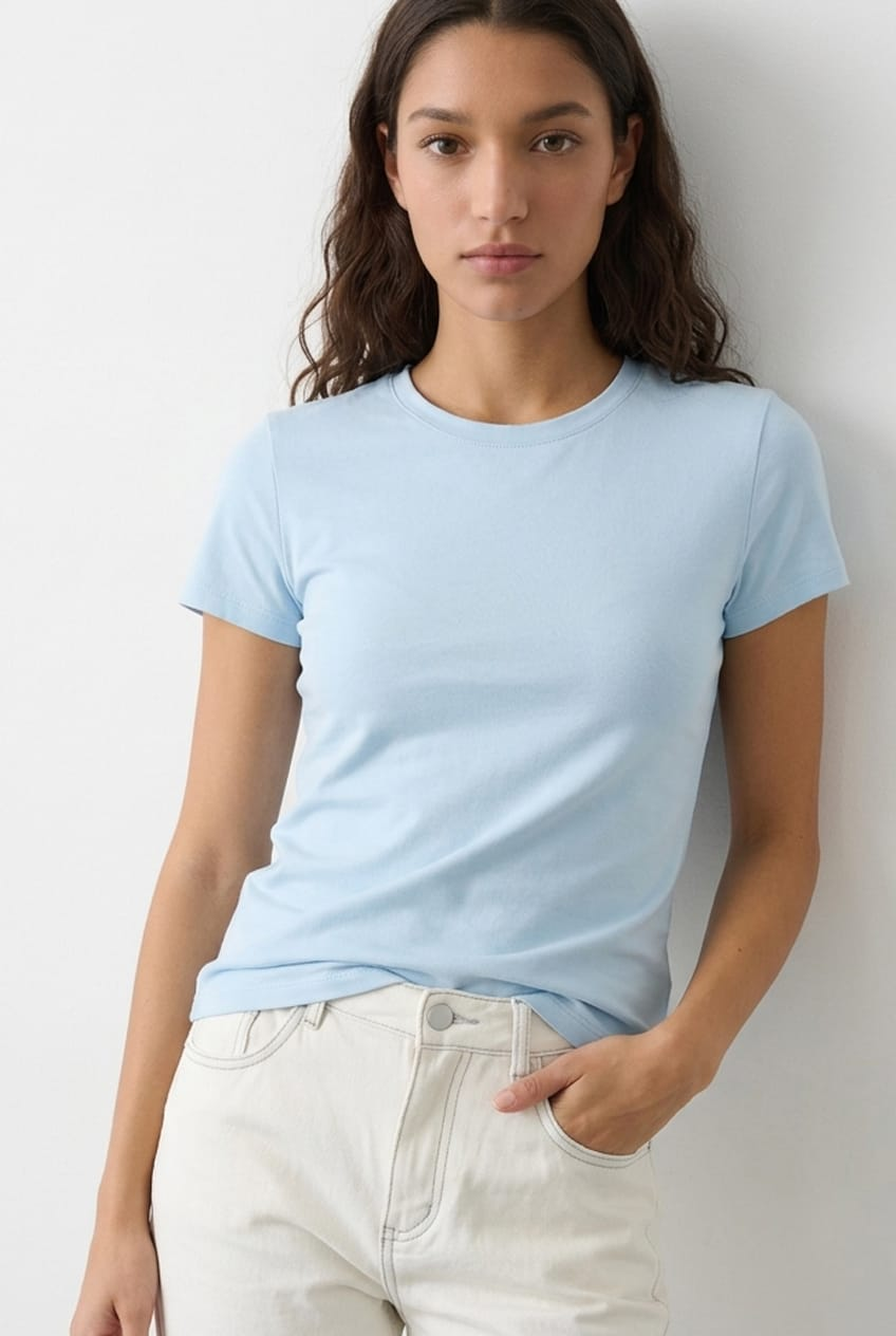 Blue Cotton T-shirt Short Sleeve Round Neck for Ally Fashion