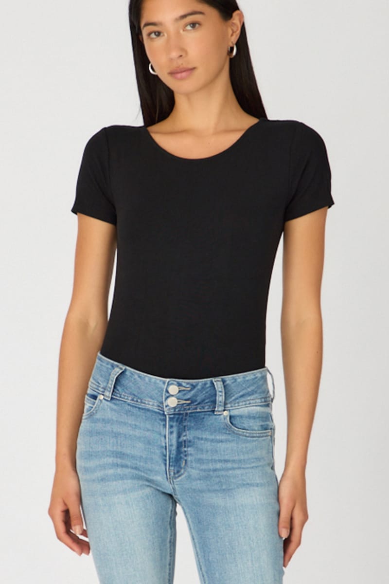 Black Bodysuit Short Sleeve Round Neck for Ally Fashion