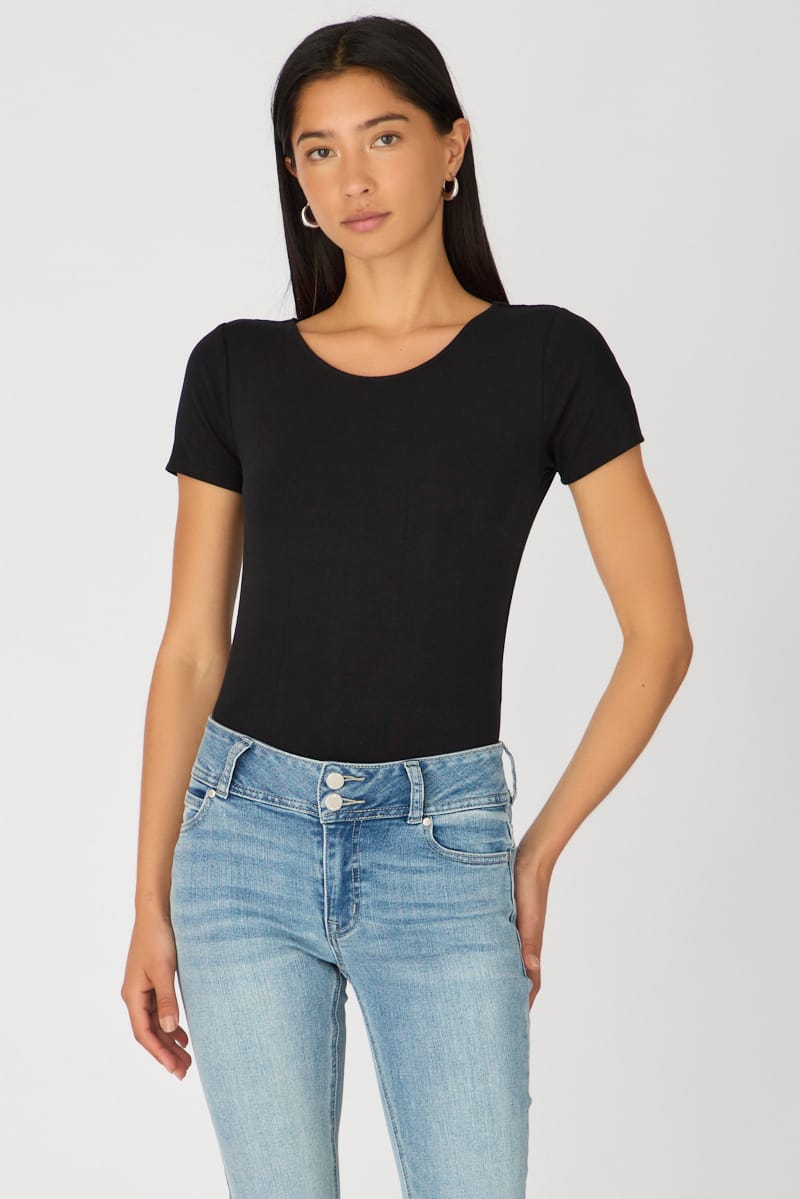 Black Bodysuit Short Sleeve Round Neck for Ally Fashion