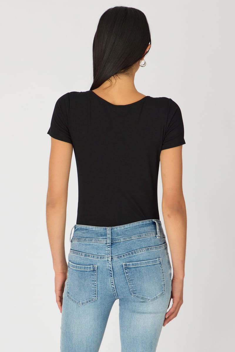 Black Bodysuit Short Sleeve Round Neck for Ally Fashion