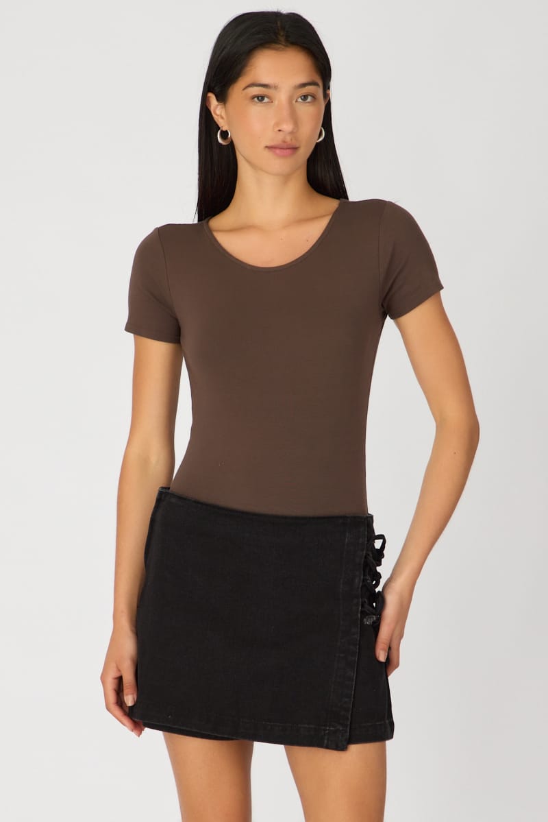 Brown Bodysuit Short Sleeve Round Neck for Ally Fashion