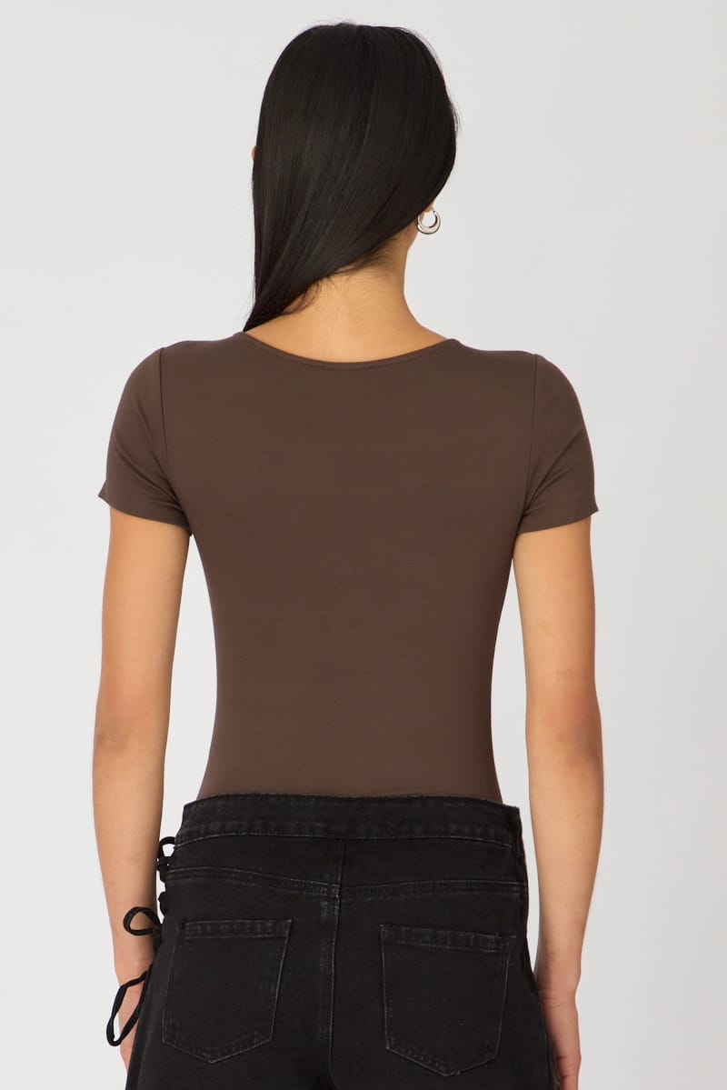 Brown Bodysuit Short Sleeve Round Neck for Ally Fashion