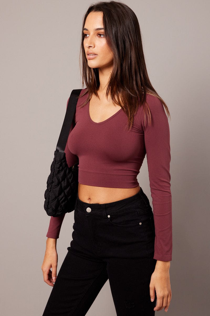 Red Top Seamless Long Sleeve V Neck Cropped for Ally Fashion