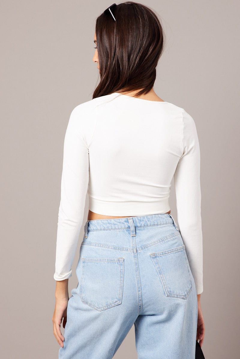 White Top Seamless Long Sleeve V Neck Cropped for Ally Fashion