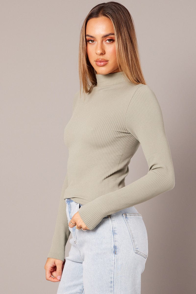 Green Seamless Top Long Sleeve High Neck Longline for Ally Fashion