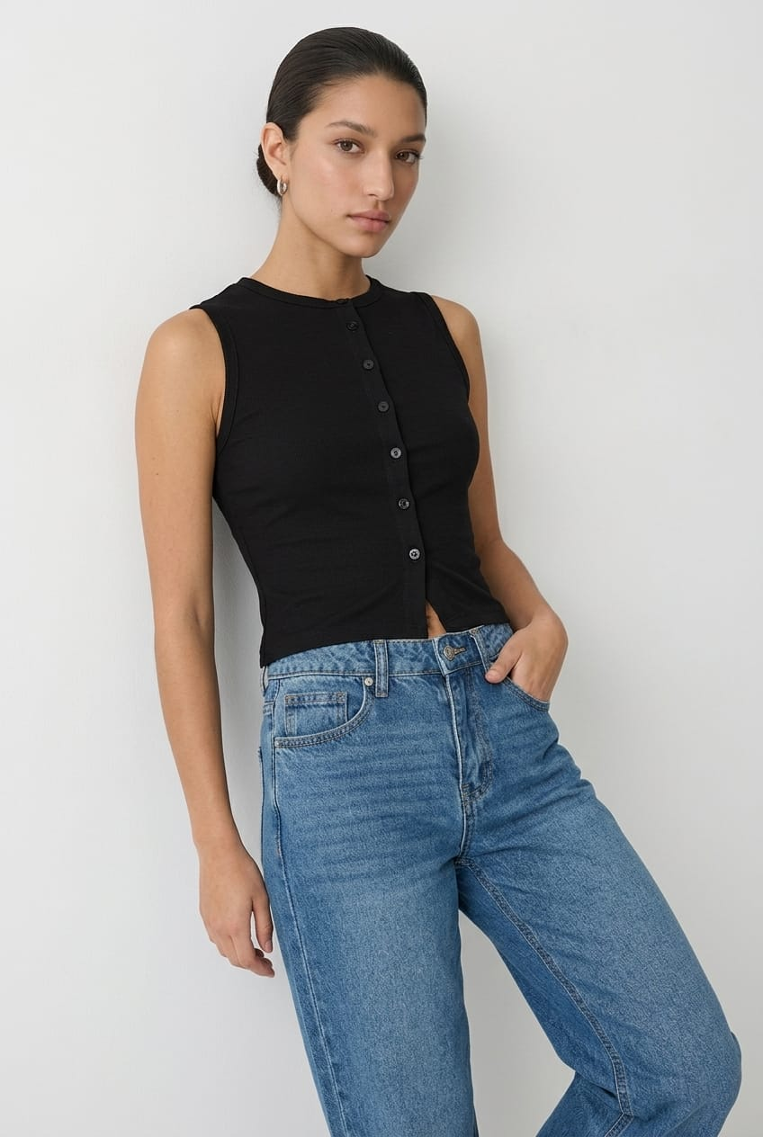 Black Button Front Top for Ally Fashion