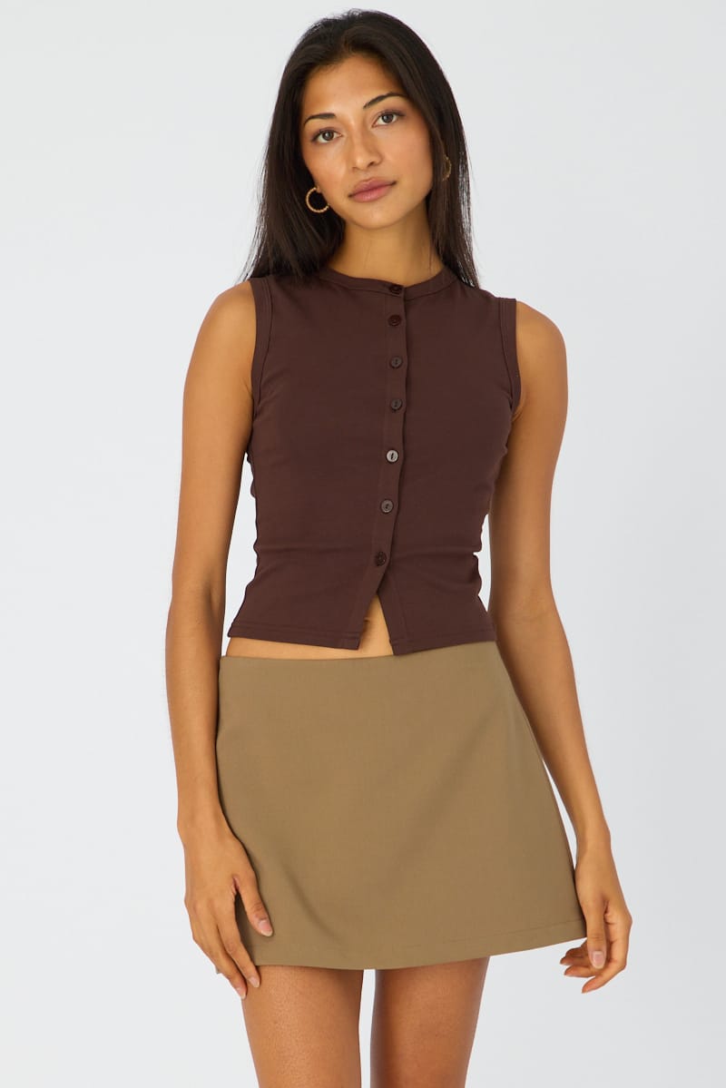 Brown Button Front Top for Ally Fashion
