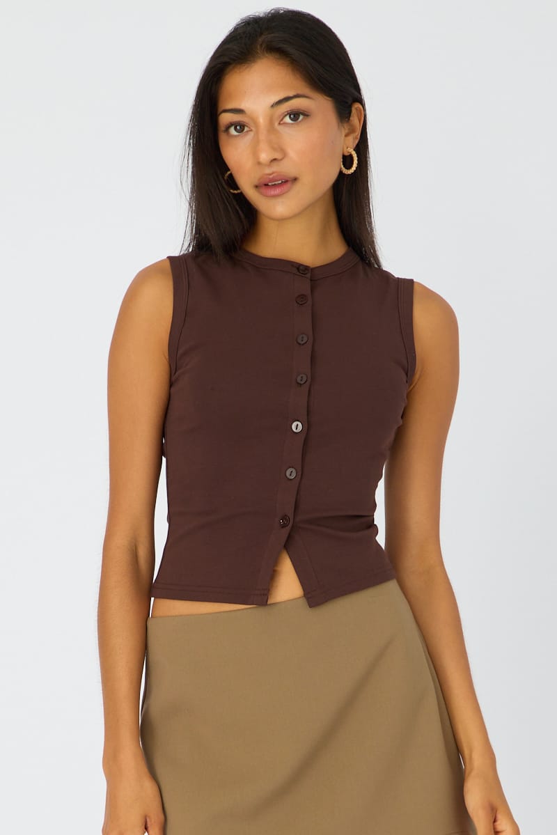 Brown Button Front Top for Ally Fashion