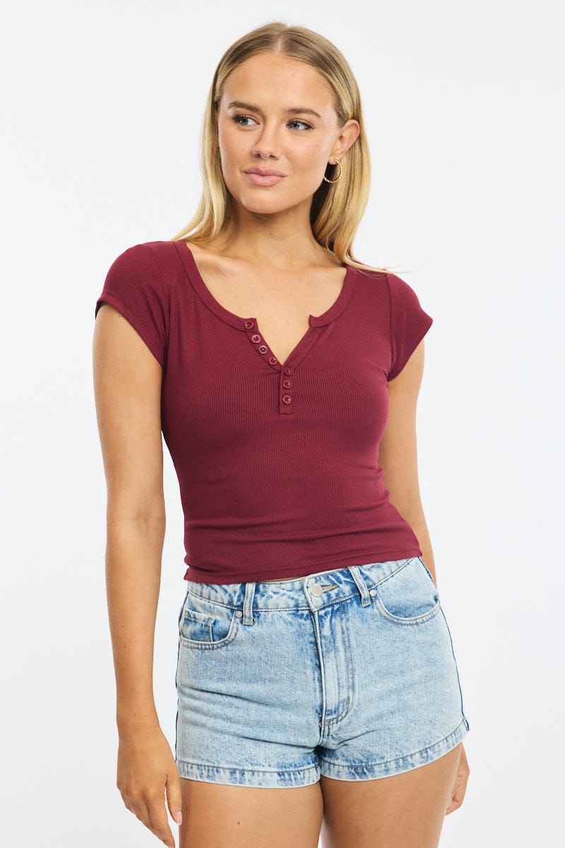 Red Button Down Tee Short Sleeve Rib for Ally Fashion