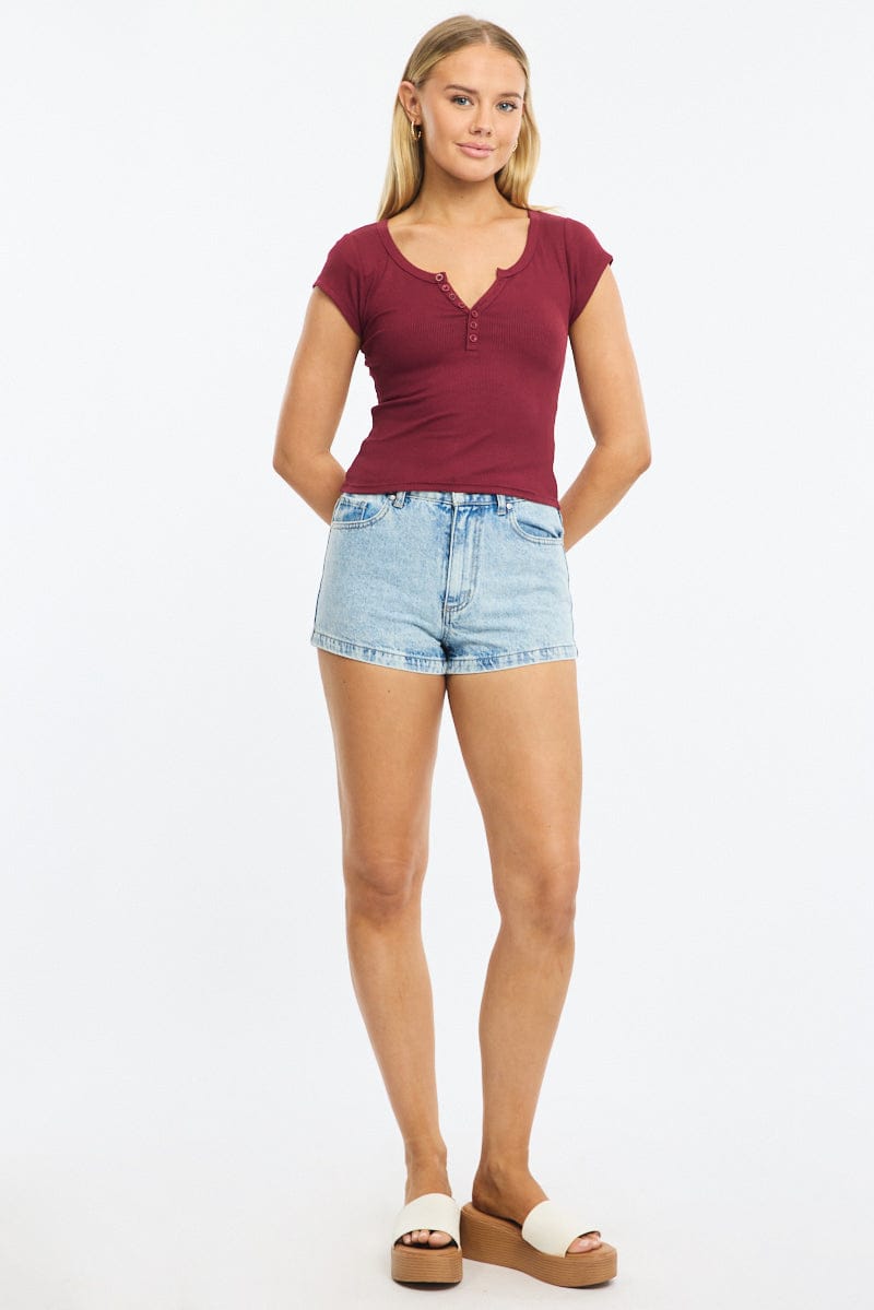 Red Button Down Tee Short Sleeve Rib for Ally Fashion
