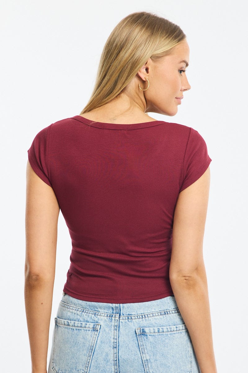 Red Button Down Tee Short Sleeve Rib for Ally Fashion