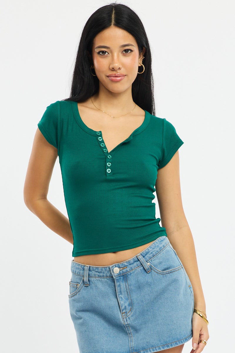 Green Button Down Tee Short Sleeve Rib for Ally Fashion