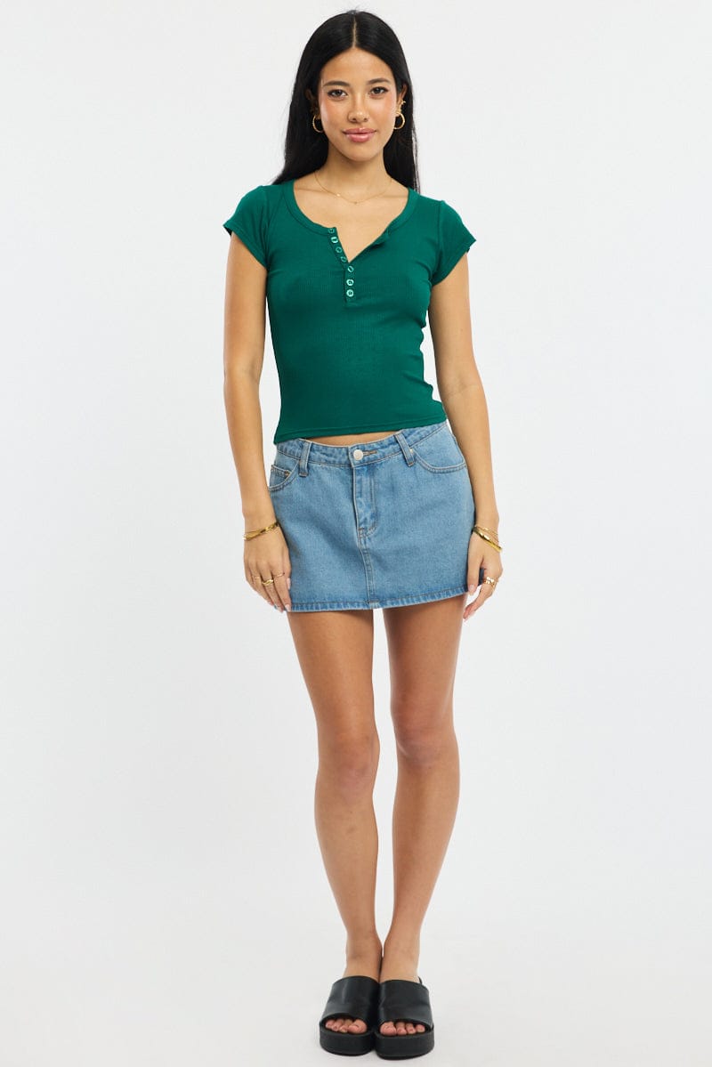 Green Button Down Tee Short Sleeve Rib for Ally Fashion