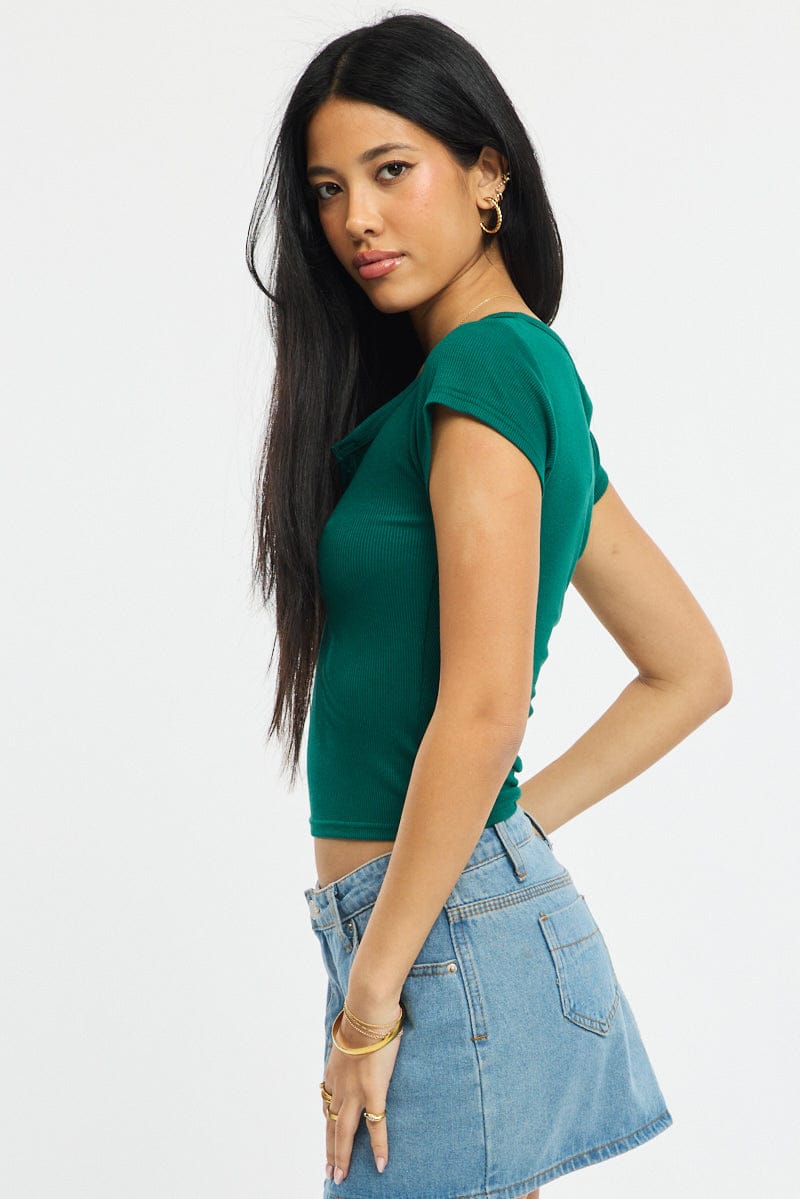 Green Button Down Tee Short Sleeve Rib for Ally Fashion