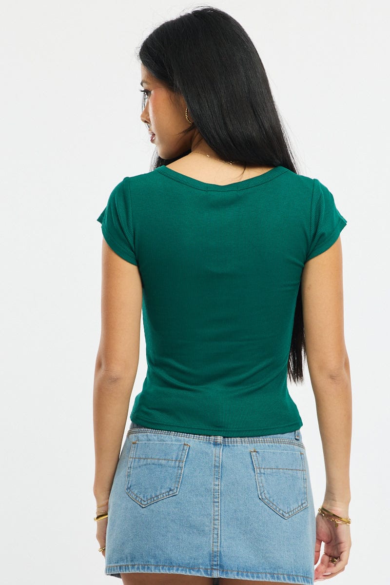 Green Button Down Tee Short Sleeve Rib for Ally Fashion