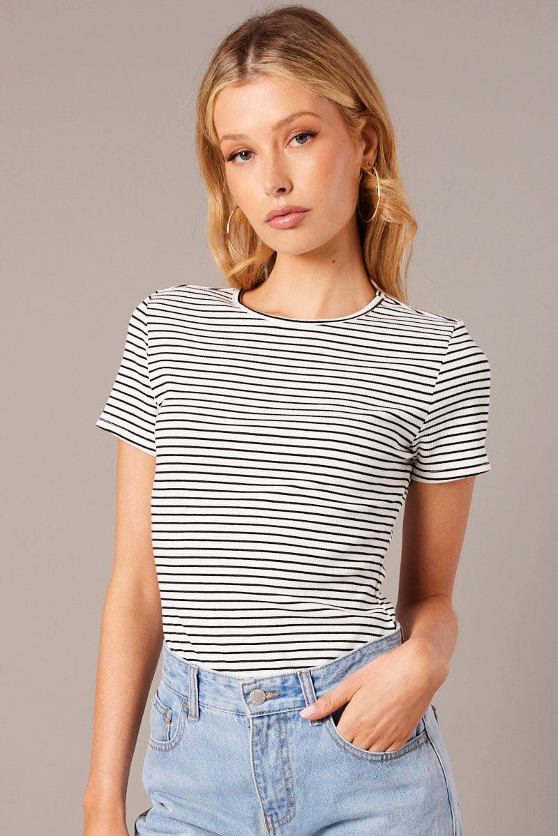 White Stripe Longline T Shirt Short Sleeve Crew Neck Rib Jersey for Ally Fashion