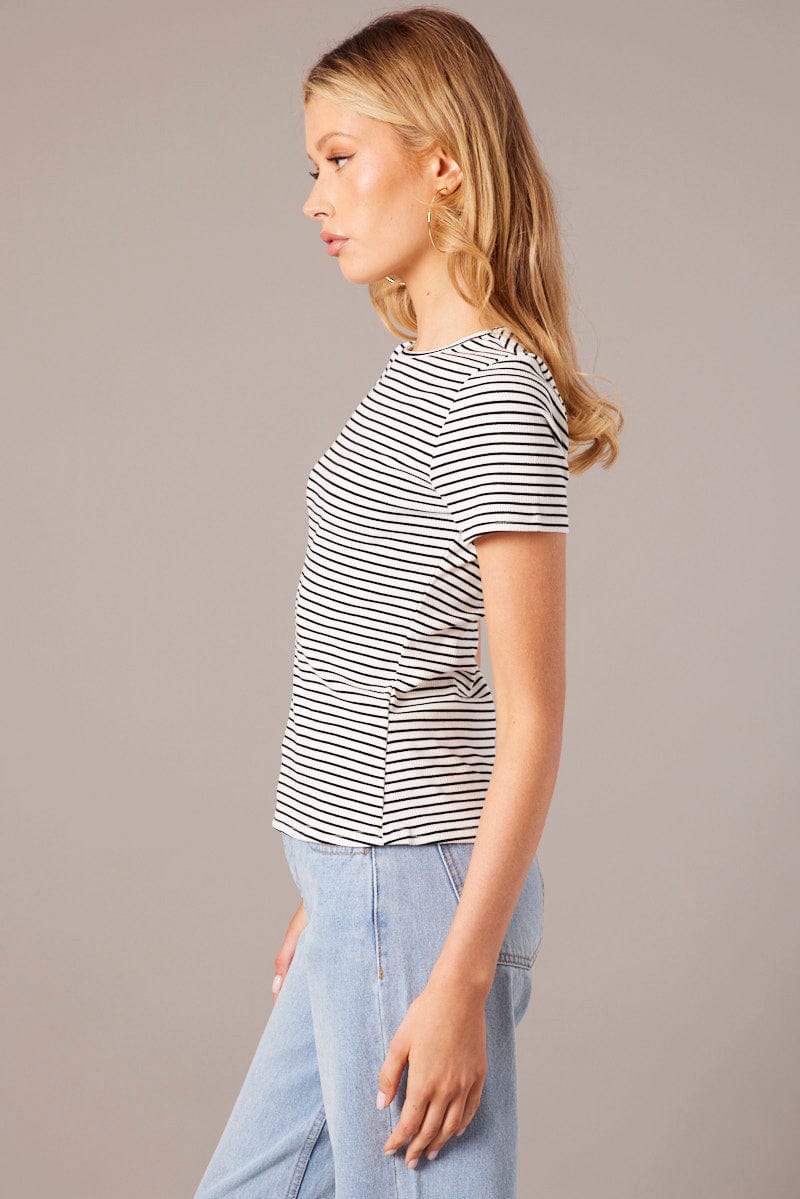 White Stripe Longline T Shirt Short Sleeve Crew Neck Rib Jersey for Ally Fashion