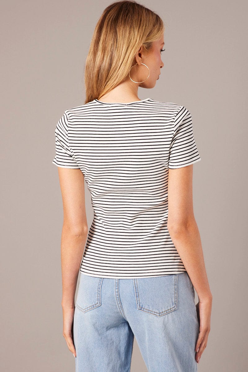 White Stripe Longline T Shirt Short Sleeve Crew Neck Rib Jersey for Ally Fashion