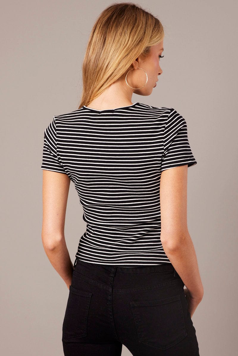 Black Stripe Longline T Shirt Short Sleeve Crew Neck Rib Jersey for Ally Fashion