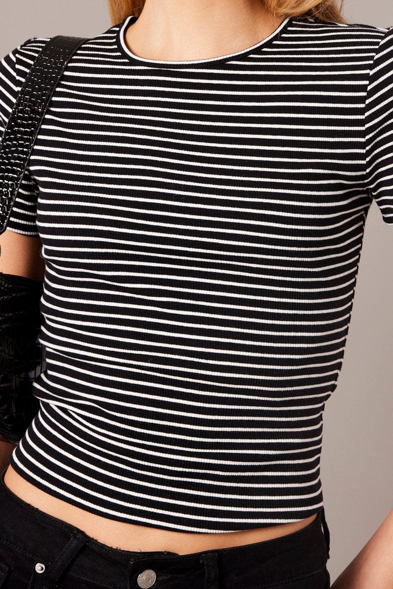 Black Stripe Longline T Shirt Short Sleeve Crew Neck Rib Jersey for Ally Fashion