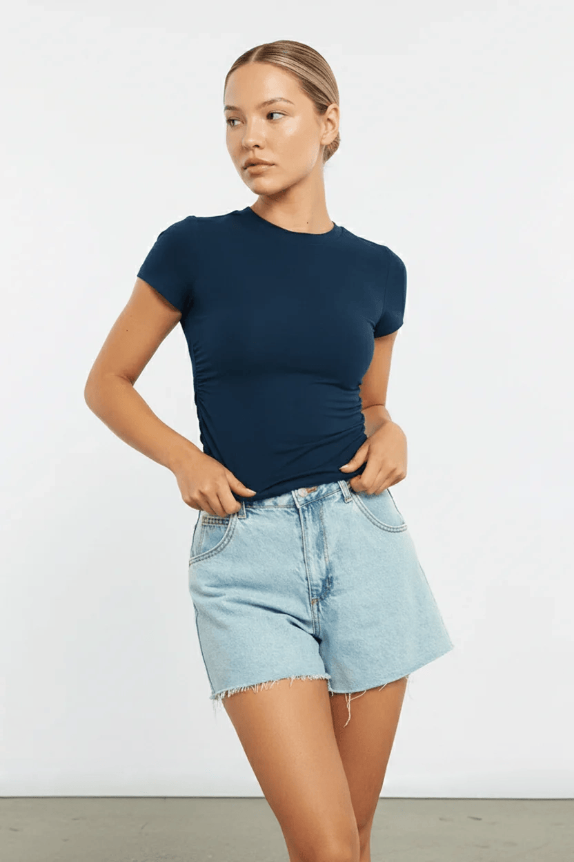 Blue T-shirt Short Sleeve Crew Neck Modal for Ally Fashion