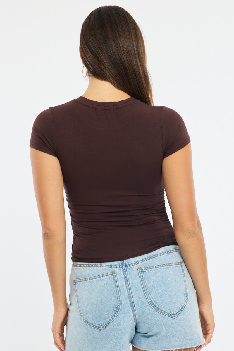 Brown T-shirt Short Sleeve Crew Neck Modal for Ally Fashion