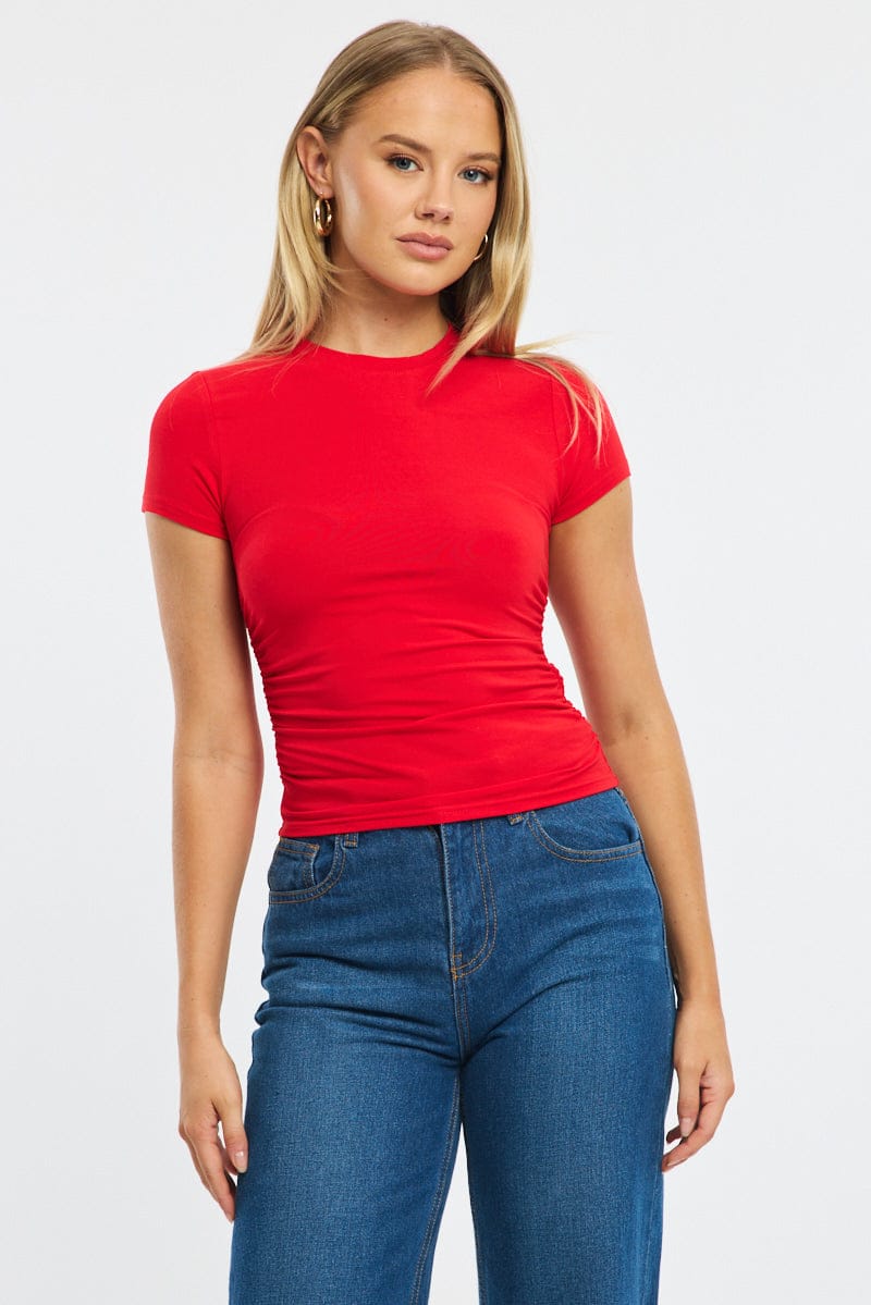 Red T-shirt Short Sleeve Crew Neck Modal for Ally Fashion