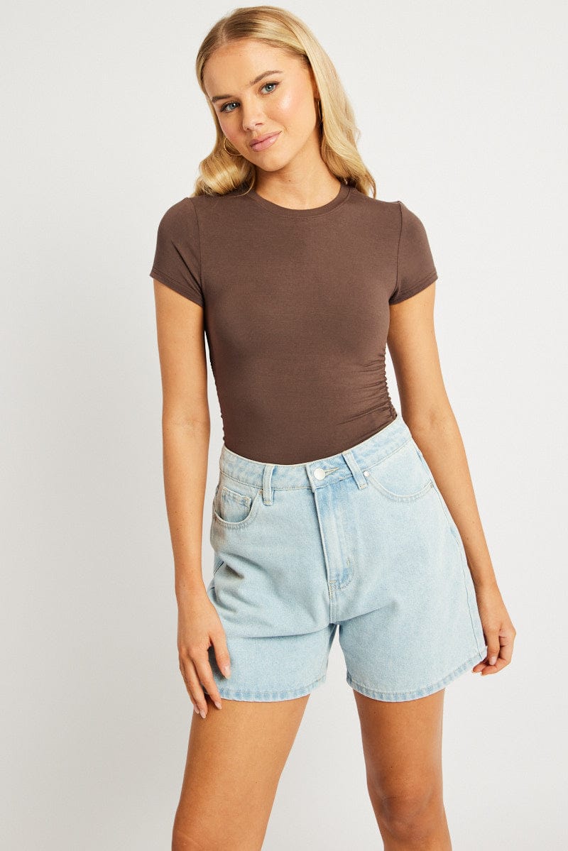 Brown T Shirt Short Sleeve Crew Neck Modal for Ally Fashion