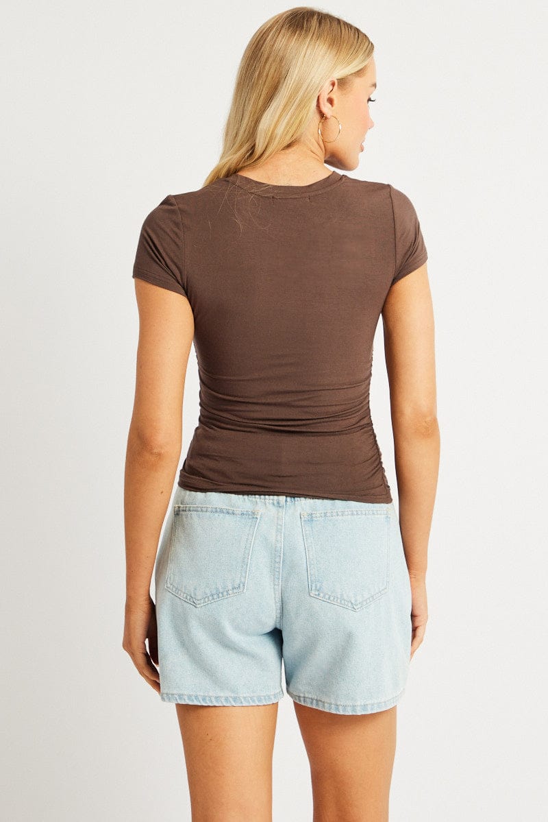 Brown T Shirt Short Sleeve Crew Neck Modal for Ally Fashion