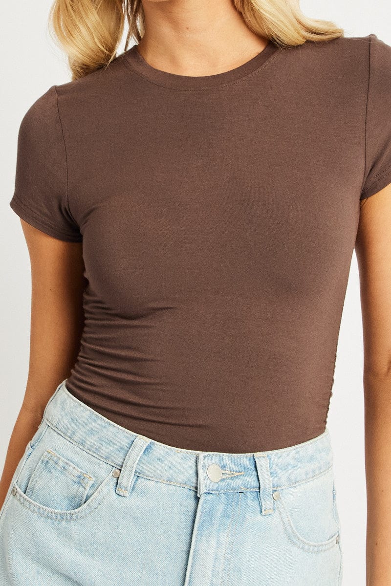 Brown T Shirt Short Sleeve Crew Neck Modal for Ally Fashion