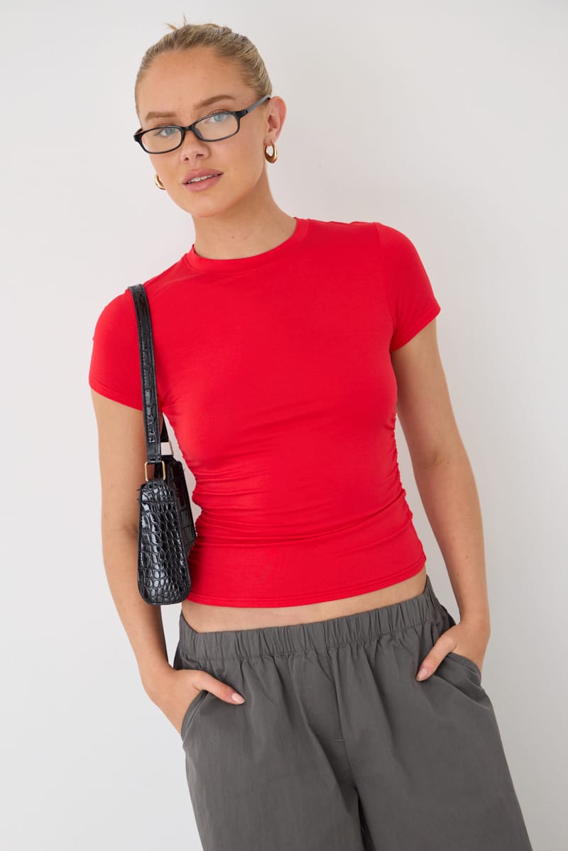 Red T-shirt Short Sleeve Crew Neck Modal for Ally Fashion