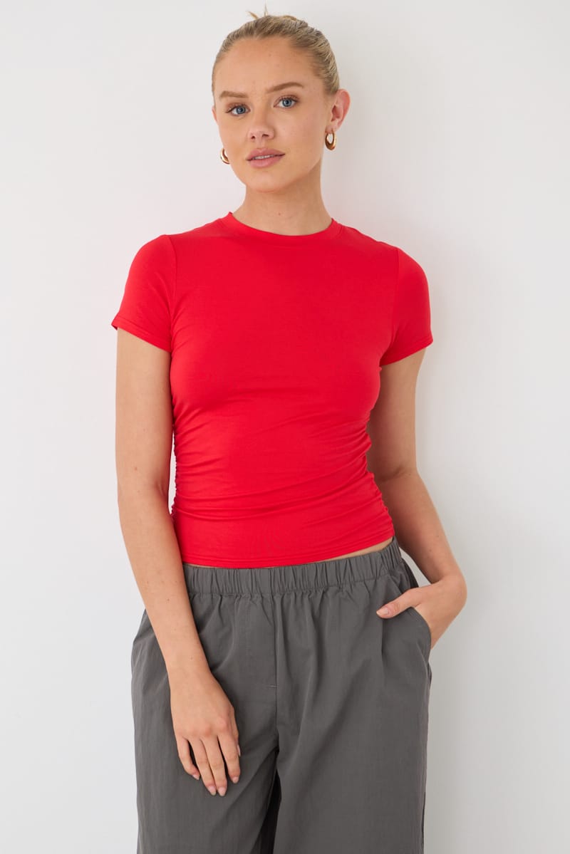 Red T-shirt Short Sleeve Crew Neck Modal for Ally Fashion