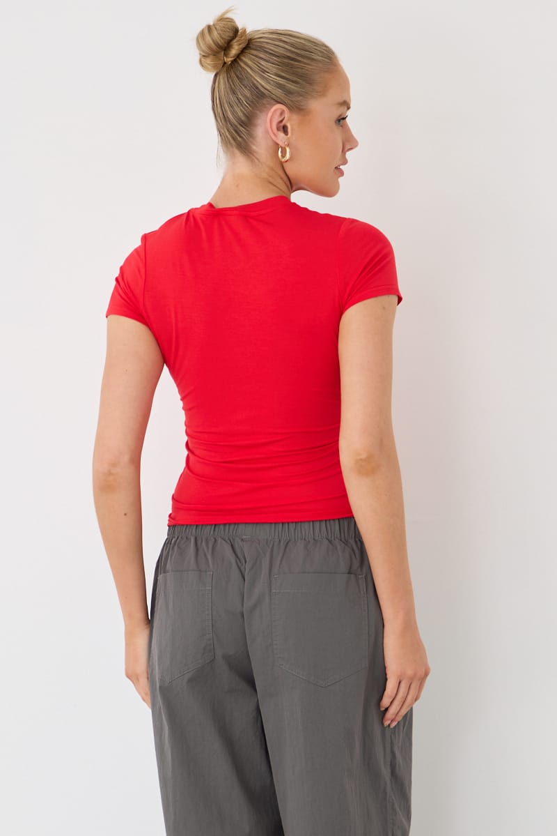 Red T-shirt Short Sleeve Crew Neck Modal for Ally Fashion