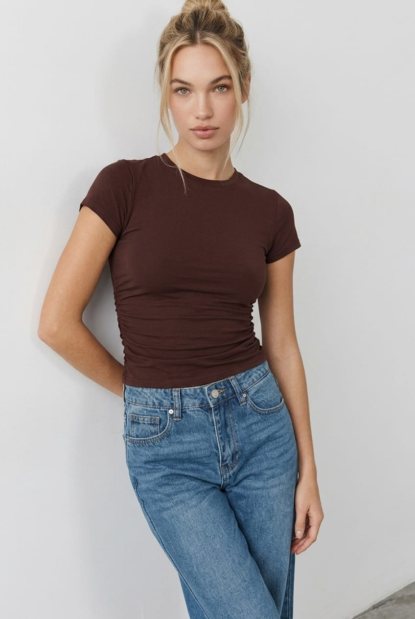 Brown T-shirt Short Sleeve Crew Neck Modal for Ally Fashion