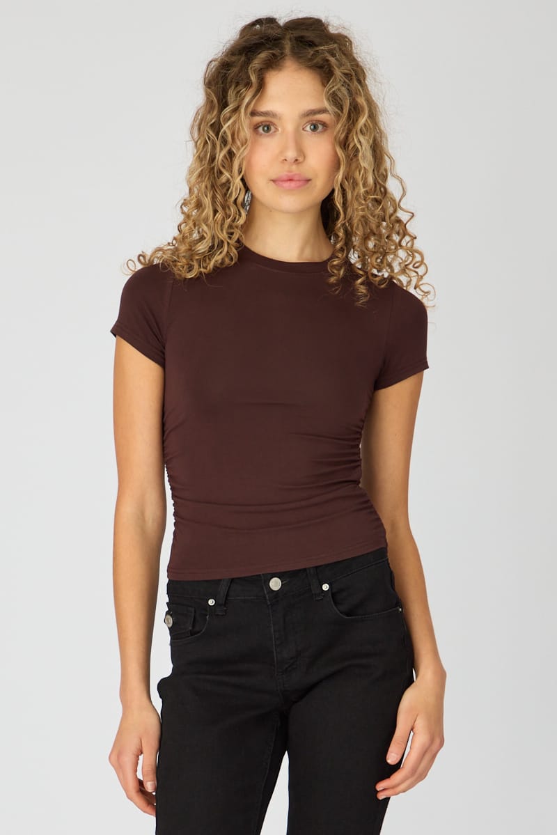 Brown T-shirt Short Sleeve Crew Neck Modal for Ally Fashion
