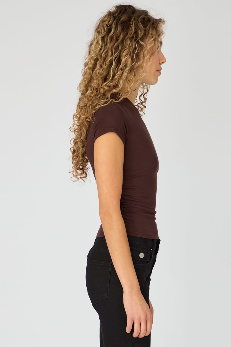 Brown T-shirt Short Sleeve Crew Neck Modal for Ally Fashion