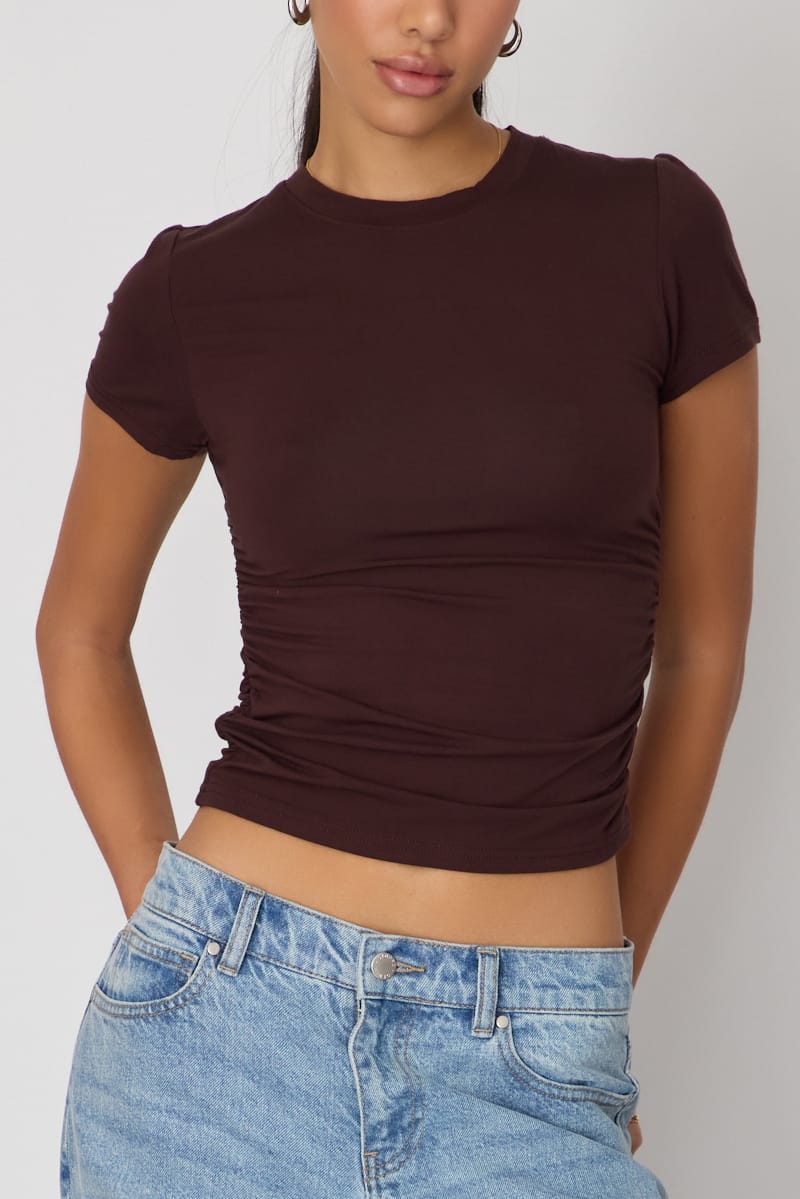Brown T-shirt Short Sleeve Crew Neck Modal for Ally Fashion