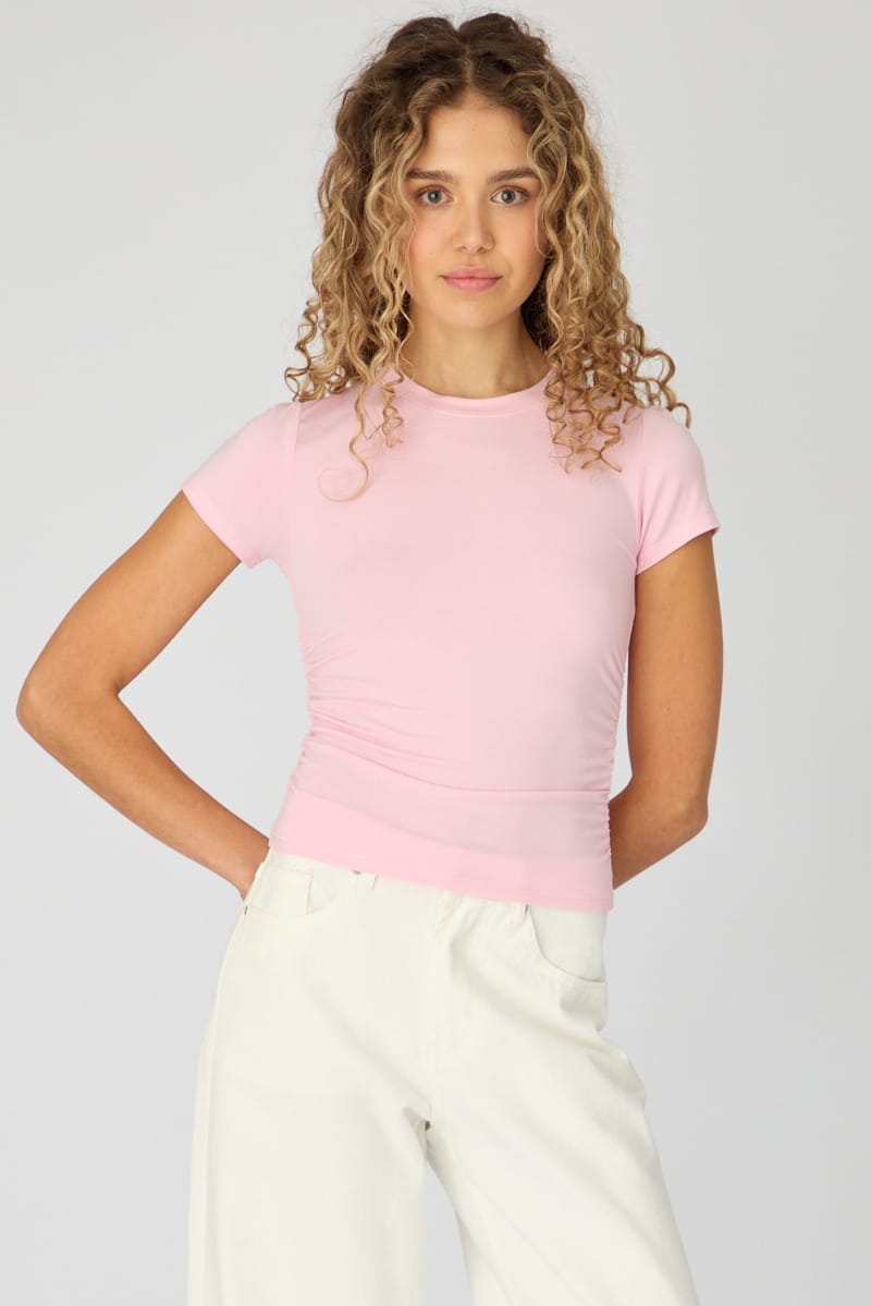 Pink T-shirt Short Sleeve Crew Neck Modal for Ally Fashion