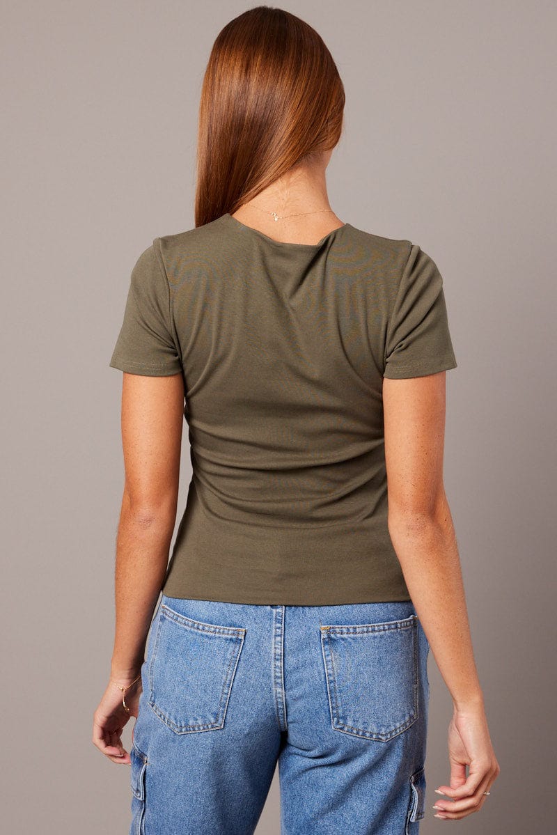 Green T Shirt Short Sleeve Round Neck Longline Lined for Ally Fashion