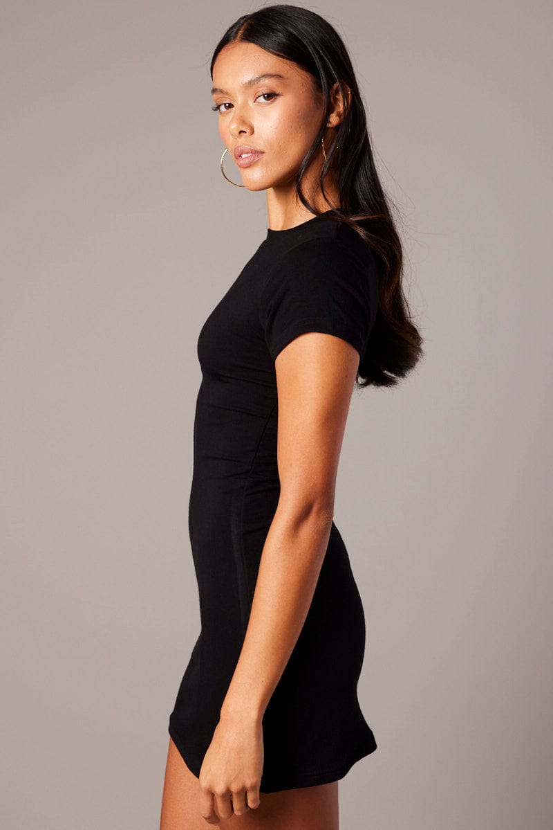 Black Mini Dress Short Sleeve Crew Neck for Ally Fashion