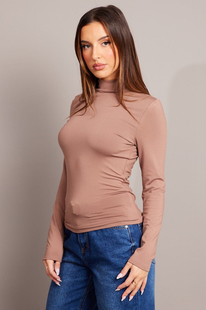 Brown Fleece Top Long Sleeve High Neck for Ally Fashion