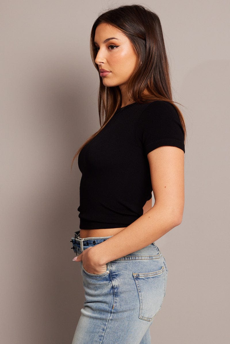 Black T Shirt Short Sleeve Crew Neck Seamless for Ally Fashion
