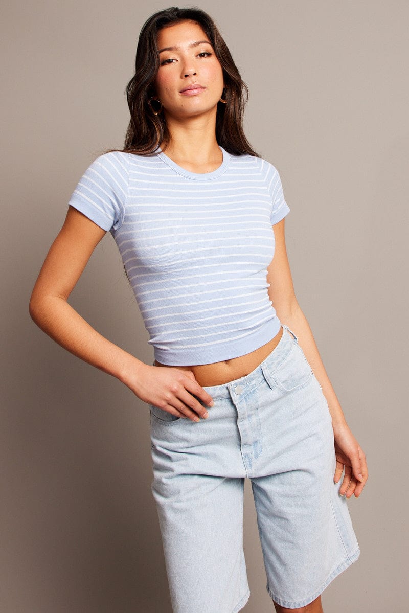 Blue Stripe T Shirt Short Sleeve Crew Neck Seamless for Ally Fashion