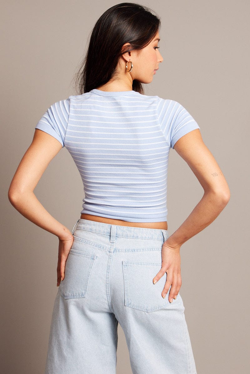 Blue Stripe T Shirt Short Sleeve Crew Neck Seamless for Ally Fashion