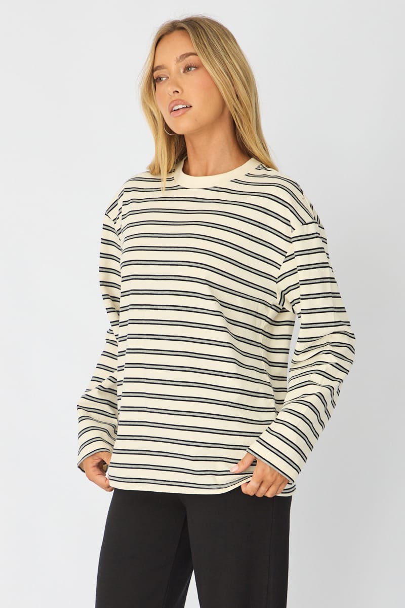 Grey Stripe Long Sleeve Oversized Stripe Shirt for Ally Fashion