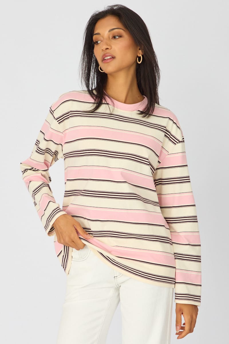 Pink Stripe Long Sleeve Oversized Stripe Shirt for Ally Fashion